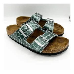 Birkenstock Arizona Double Buckle Leather Slide Sandal Gator Gleam Green 38/ 7.5