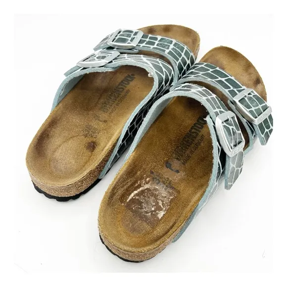 Birkenstock Arizona Double Buckle Leather Slide Sandal Gator Gleam Green 38/ 7.5