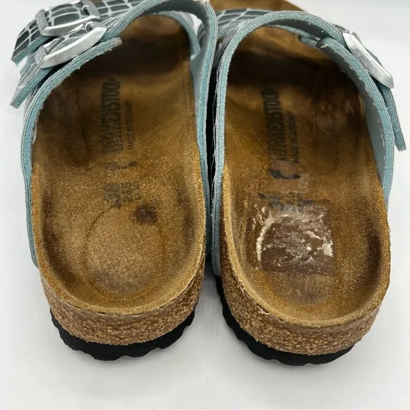 Birkenstock Arizona Double Buckle Leather Slide Sandal Gator Gleam Green 38/ 7.5