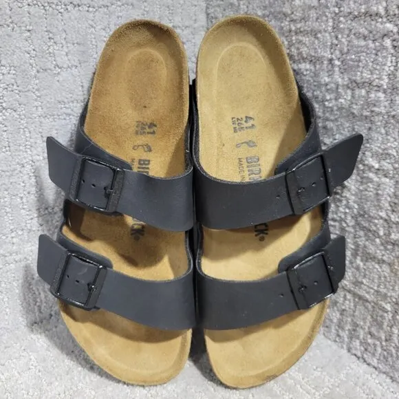 Birkenstock Arizona Size 41 L10 M8 Black Birko-Flor Double Strap Buckle Sandals