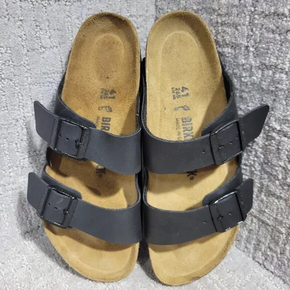 Birkenstock Arizona Size 41 L10 M8 Black Birko-Flor Double Strap Buckle Sandals