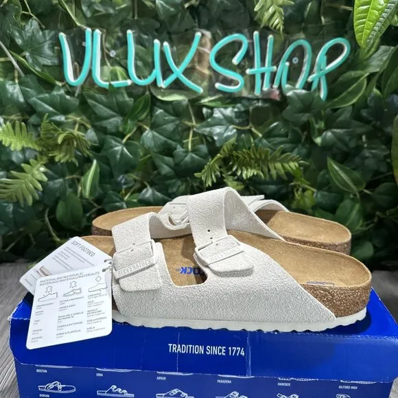 Birkenstock Arizona Soft Footbed Suede Leather Sandals Antique White US 9 EU 40