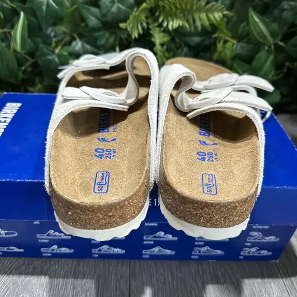 Birkenstock Arizona Soft Footbed Suede Leather Sandals Antique White US 9 EU 40