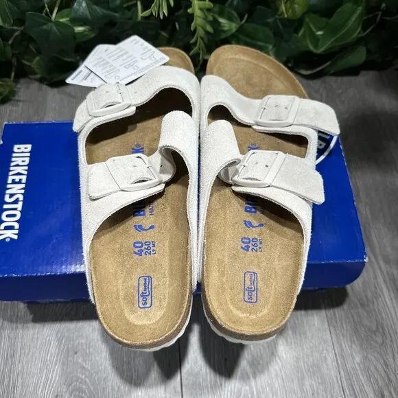 Birkenstock Arizona Soft Footbed Suede Leather Sandals Antique White US 9 EU 40