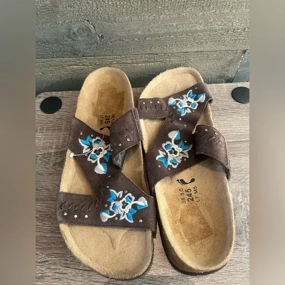 Birkenstock Betula Zara Floral Embroidered Suede Sandals Slides Open Toe Brown
