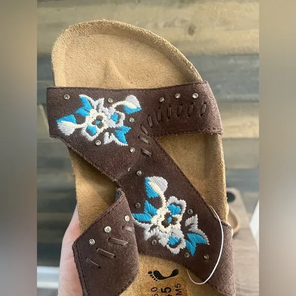 Birkenstock Betula Zara Floral Embroidered Suede Sandals Slides Open Toe Brown