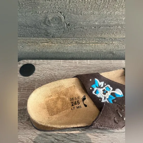 Birkenstock Betula Zara Floral Embroidered Suede Sandals Slides Open Toe Brown