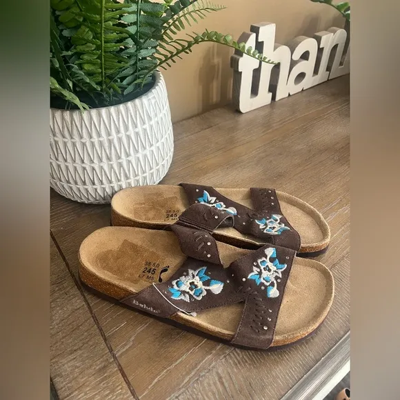 Birkenstock Betula Zara Floral Embroidered Suede Sandals Slides Open Toe Brown