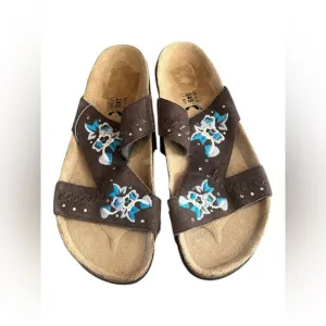 Birkenstock Betula Zara Floral Embroidered Suede Sandals Slides Open Toe Brown
