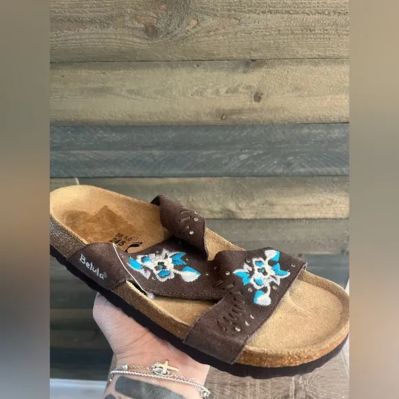 Birkenstock Betula Zara Floral Embroidered Suede Sandals Slides Open Toe Brown