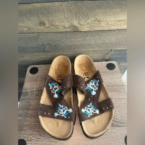 Birkenstock Betula Zara Floral Embroidered Suede Sandals Slides Open Toe Brown