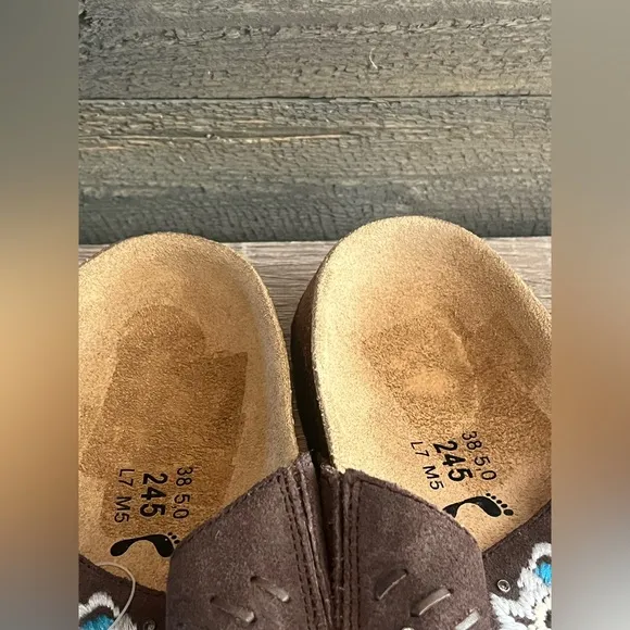 Birkenstock Betula Zara Floral Embroidered Suede Sandals Slides Open Toe Brown