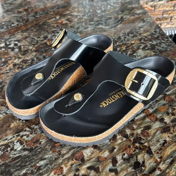 Birkenstock Gizeh Big Buckle Sandals size 37 Glossy Black New w/out box NWOT