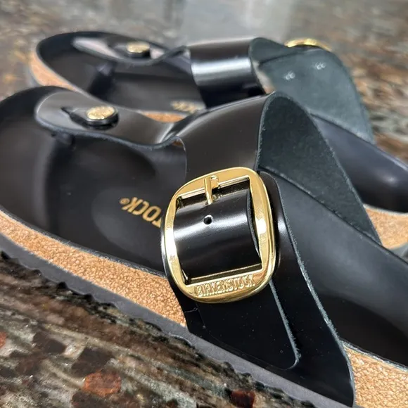 Birkenstock Gizeh Big Buckle Sandals size 37 Glossy Black New w/out box NWOT