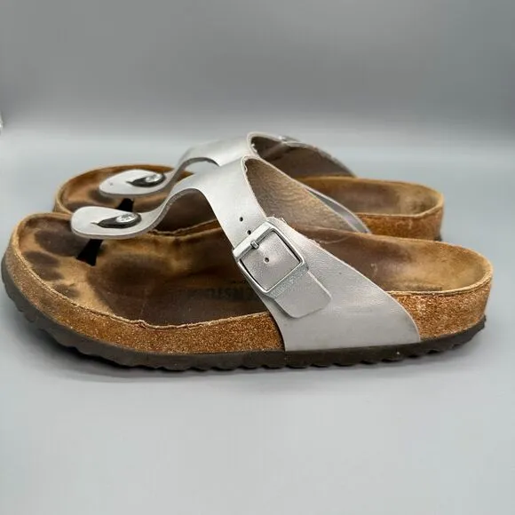 Birkenstock Gizeh Birko-Flor Women 11 Men 9 Silver Sandals Slip-On Thong Buckle