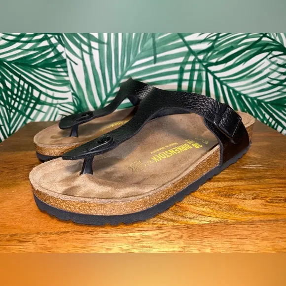 Birkenstock Gizeh Black Pebbled Strap Slide Sandals Women’s Size 7