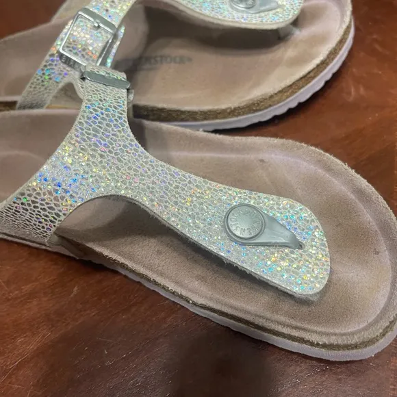 Birkenstock Gizeh Sandals 34 3 Sliver Metallic Disco Ball Leather Slip On Thong