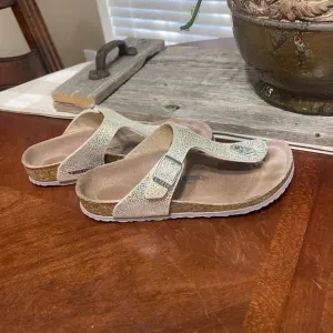 Birkenstock Gizeh Sandals 34 3 Sliver Metallic Disco Ball Leather Slip On Thong