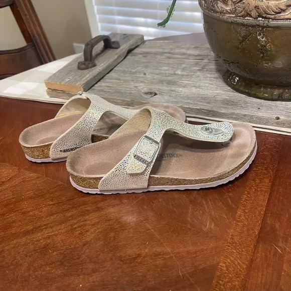 Birkenstock Gizeh Sandals 34 3 Sliver Metallic Disco Ball Leather Slip On Thong