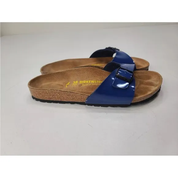 Birkenstock Madrid Sandals Patent Blue Single Strap Size 38/ 7 Ladies