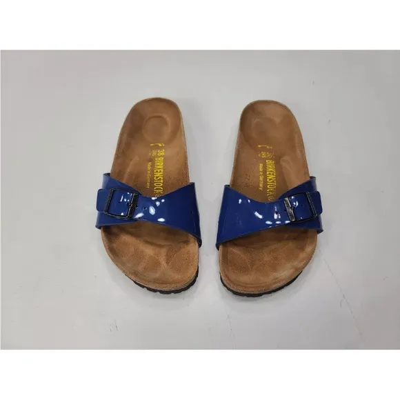Birkenstock Madrid Sandals Patent Blue Single Strap Size 38/ 7 Ladies