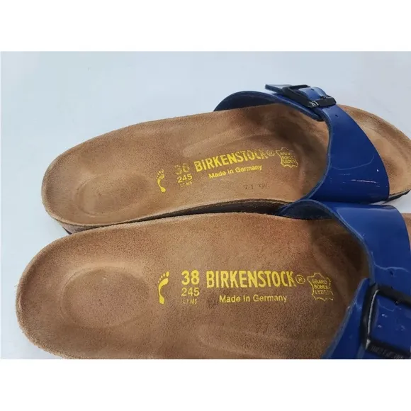 Birkenstock Madrid Sandals Patent Blue Single Strap Size 38/ 7 Ladies