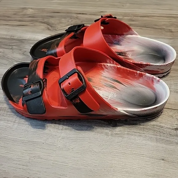 Birkenstock Sandals 41 Germany Red Black White Buckle Strap Rubber Slip-on NEW