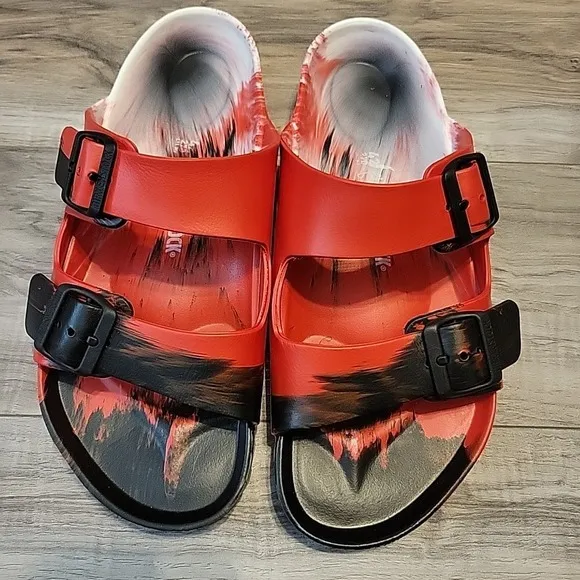 Birkenstock Sandals 41 Germany Red Black White Buckle Strap Rubber Slip-on NEW