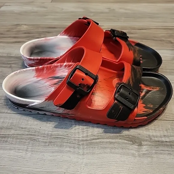 Birkenstock Sandals 41 Germany Red Black White Buckle Strap Rubber Slip-on NEW