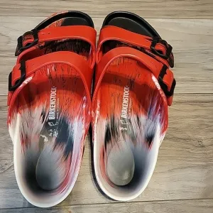 Birkenstock Sandals 41 Germany Red Black White Buckle Strap Rubber Slip-on NEW