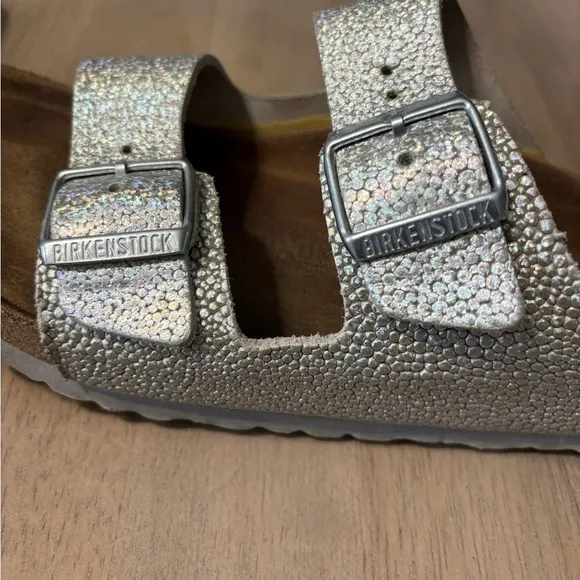 Birkenstock Silver Double Strap Leather SandalsSize 9.5 or 10” footbed