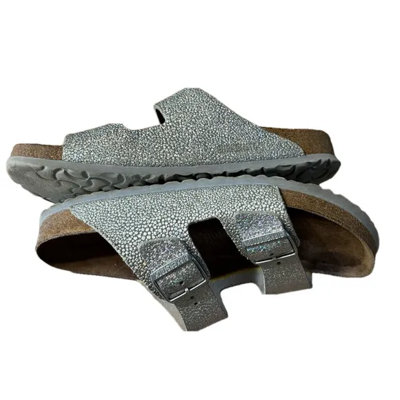 Birkenstock Silver Double Strap Leather SandalsSize 9.5 or 10” footbed