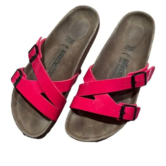 Birkenstocks red strap sandals