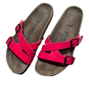 Birkenstocks red strap sandals