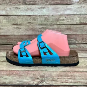 Birki’s Blue Patent Leather Double Strap Sandals