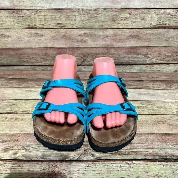 Birki’s Blue Patent Leather Double Strap Sandals