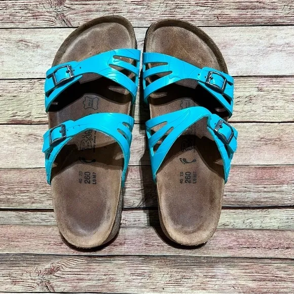 Birki’s Blue Patent Leather Double Strap Sandals