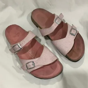 Birkis by BIRKENSTOCK Aziza Pink and White Striped Sandals