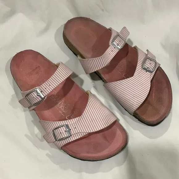 Birkis by BIRKENSTOCK Aziza Pink and White Striped Sandals