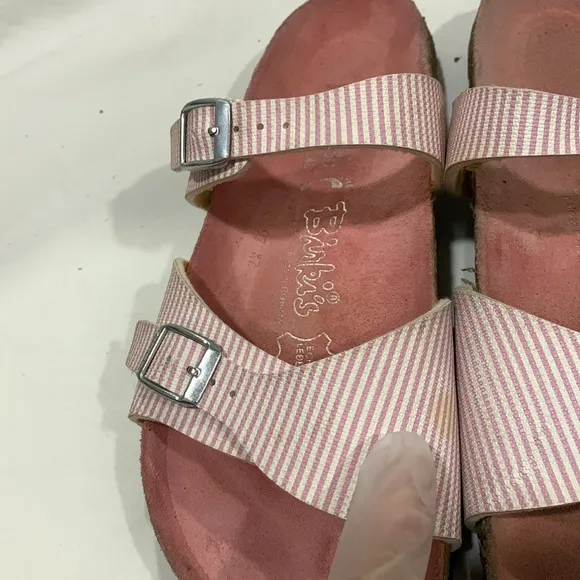 Birkis by BIRKENSTOCK Aziza Pink and White Striped Sandals
