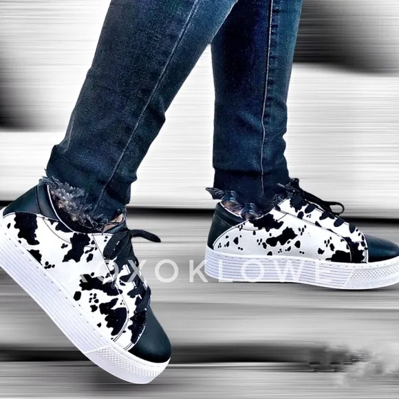 Black Cow Print Faux Suede Platform Fashion Sneakers