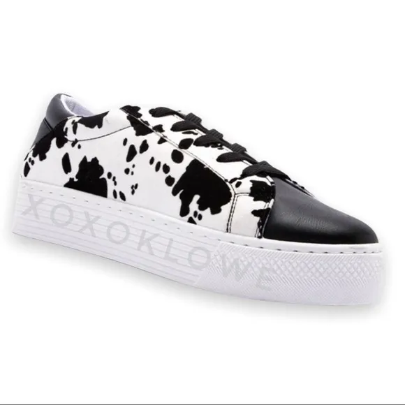 Black Cow Print Faux Suede Platform Fashion Sneakers