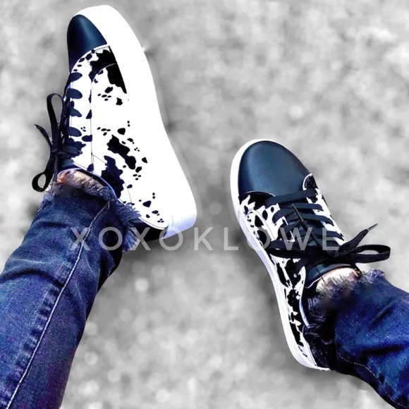 Black Cow Print Faux Suede Platform Fashion Sneakers