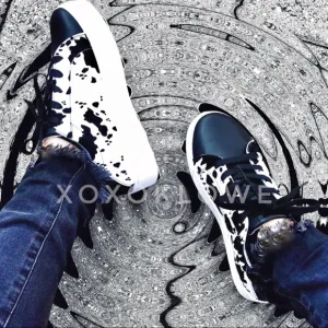 Black Cow Print Faux Suede Platform Fashion Sneakers