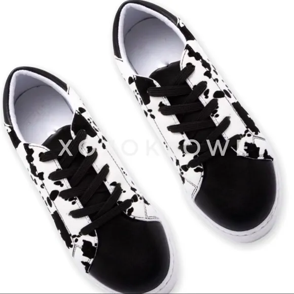 Black Cow Print Faux Suede Platform Fashion Sneakers