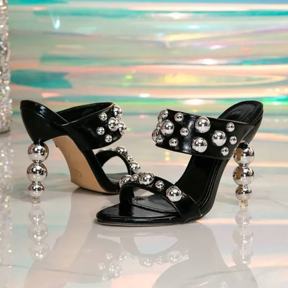 Black High Heel Sandals With Strap Beads Rivet Slip-On Mules, New Design Studded
