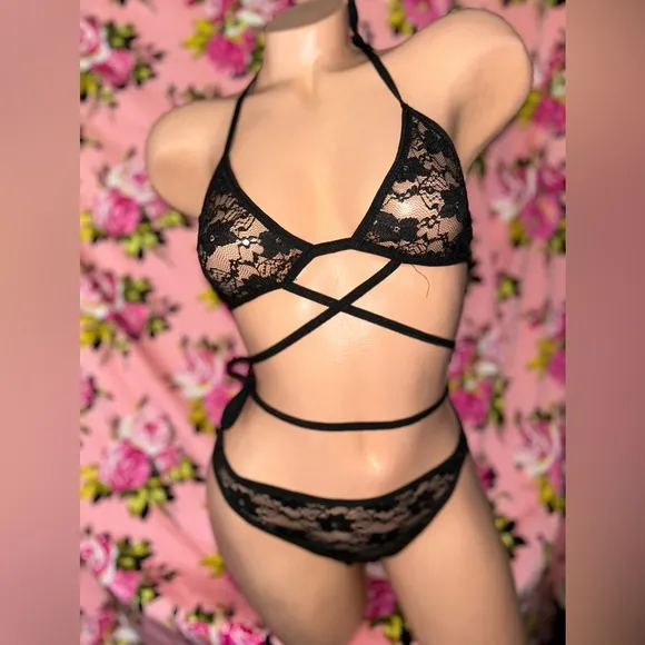 Black Lace strappy wrap tie harness lingerie bra panty cheeky rave sexy set k3