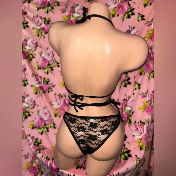 Black Lace strappy wrap tie harness lingerie bra panty cheeky rave sexy set k3
