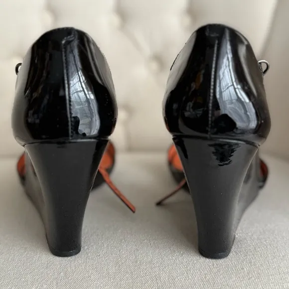 Black leather patent wedges sandals ankle strap