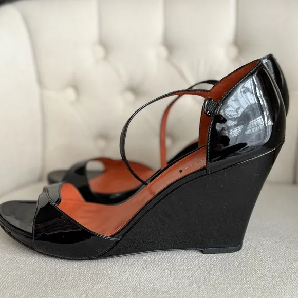 Black leather patent wedges sandals ankle strap